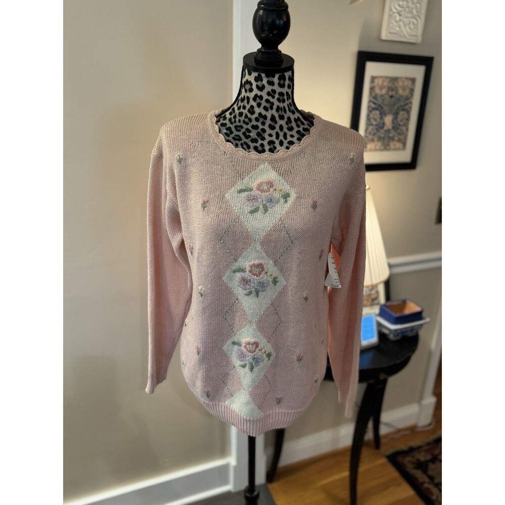 Sweater Pink Embroidered Floral Vintage Private Party Small Shoulder Pads New OS